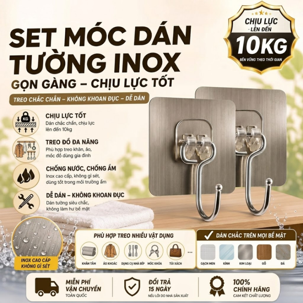 Combo 50 Móc dán tường siêu dính inox 304, móc dính tường cao cấp chịu lực 10Kg treo quần áo đồ dùng đa năng