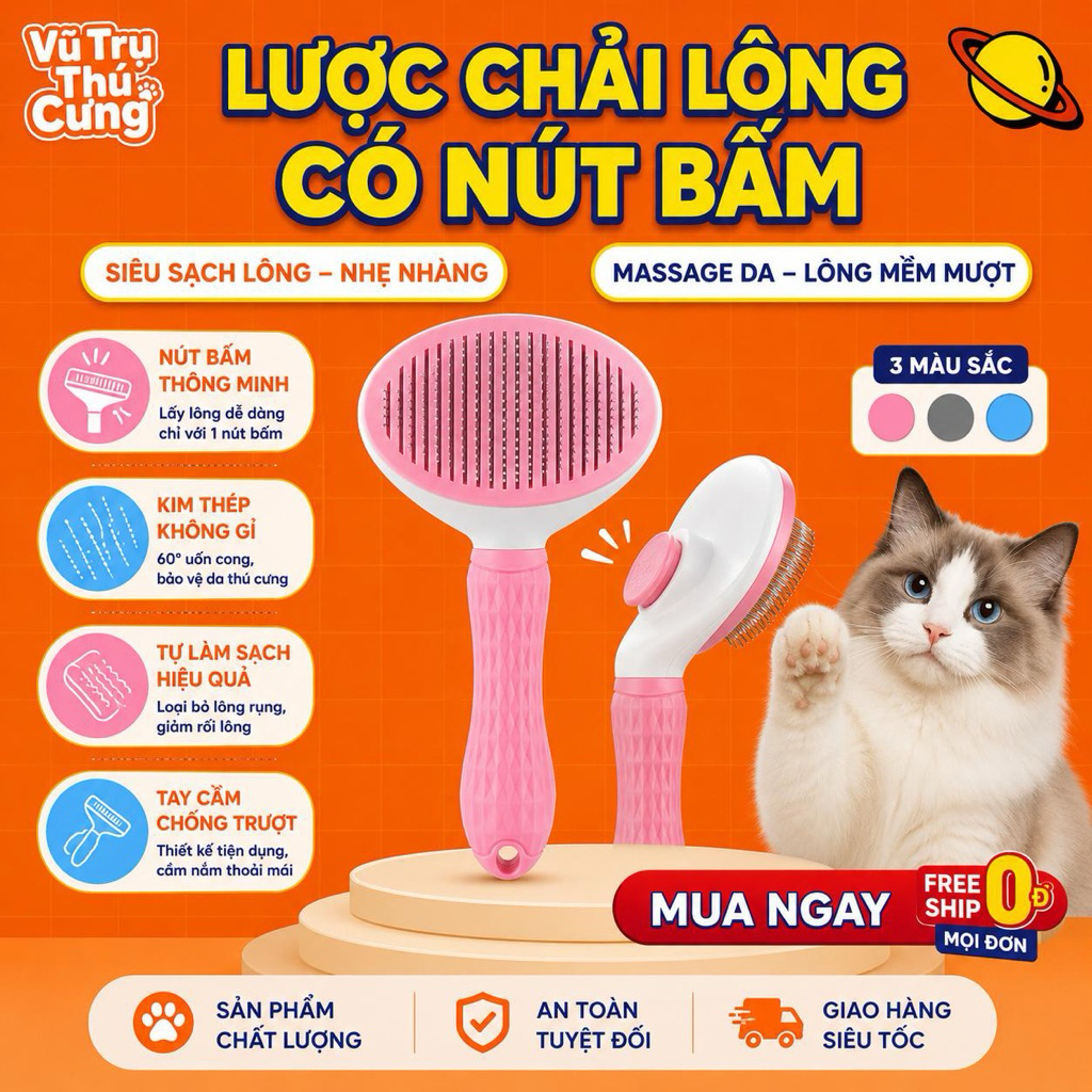 Lược chải lông chó mèo có nút bấm lấy lông tiện lợi, size lớn