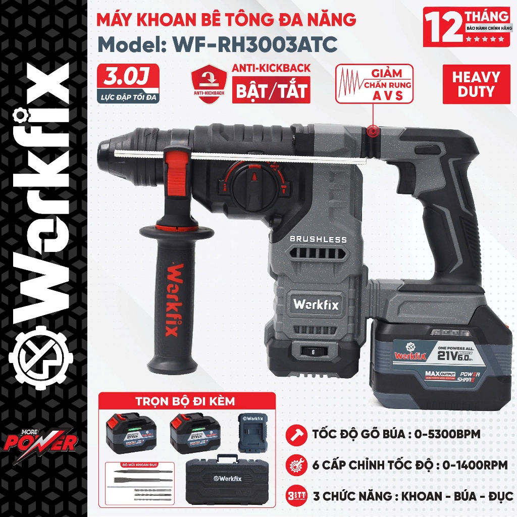 [AVS] Máy khoan đục bê tông WORKFIX WF-RH3003ATC, 6 Cấp chỉnh tốc, Có Antikickback, Lực đập lớn 3.0J