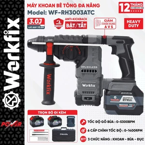 Máy khoan đục bê tông WORKFIX WF-RH3003ATC, 6 Cấp chỉnh tốc, Có Antikickback, Lực đập lớn 3.0J