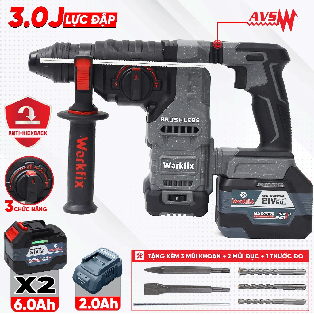 [AVS] Máy khoan đục bê tông WORKFIX WF-RH3003ATC, 6 Cấp chỉnh tốc, Có Antikickback, Lực đập lớn 3.0J