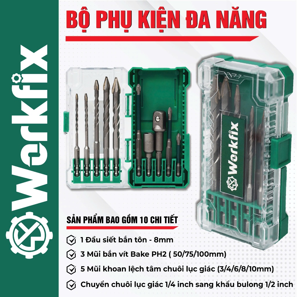 Bộ 10 phụ kiện WORKFIX WF-PK10M đa năng, 5 mũi khoan, 3 mũi vít, vít tôn và chuyển vít sang bulong