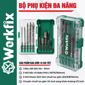 Bộ 10 phụ kiện WORKFIX WF-PK10M đa năng, 5 mũi khoan, 3 mũi vít, vít tôn và chuyển vít sang bulong