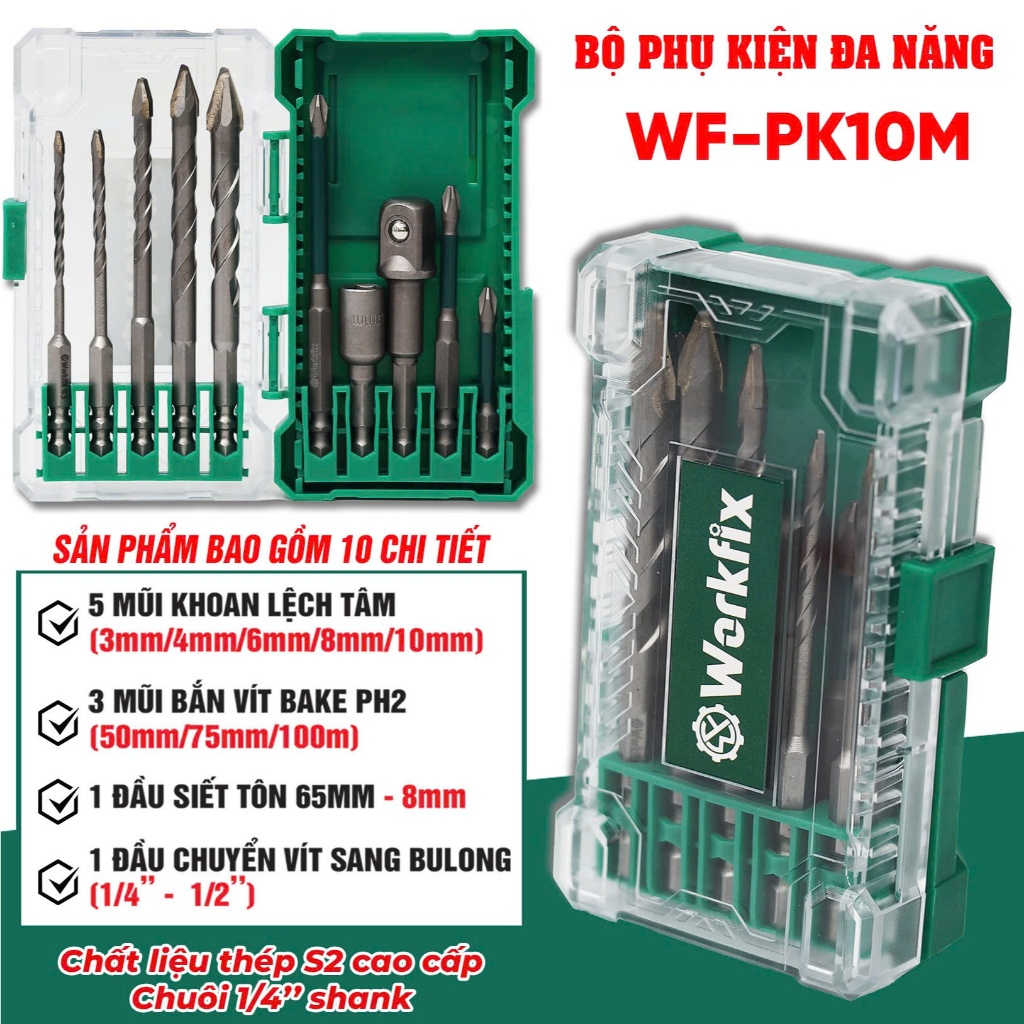 Bộ 10 phụ kiện WORKFIX WF-PK10M đa năng, 5 mũi khoan, 3 mũi vít, vít tôn và chuyển vít sang bulong