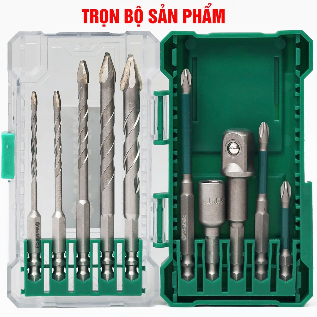 Bộ 10 phụ kiện WORKFIX WF-PK10M đa năng, 5 mũi khoan, 3 mũi vít, vít tôn và chuyển vít sang bulong