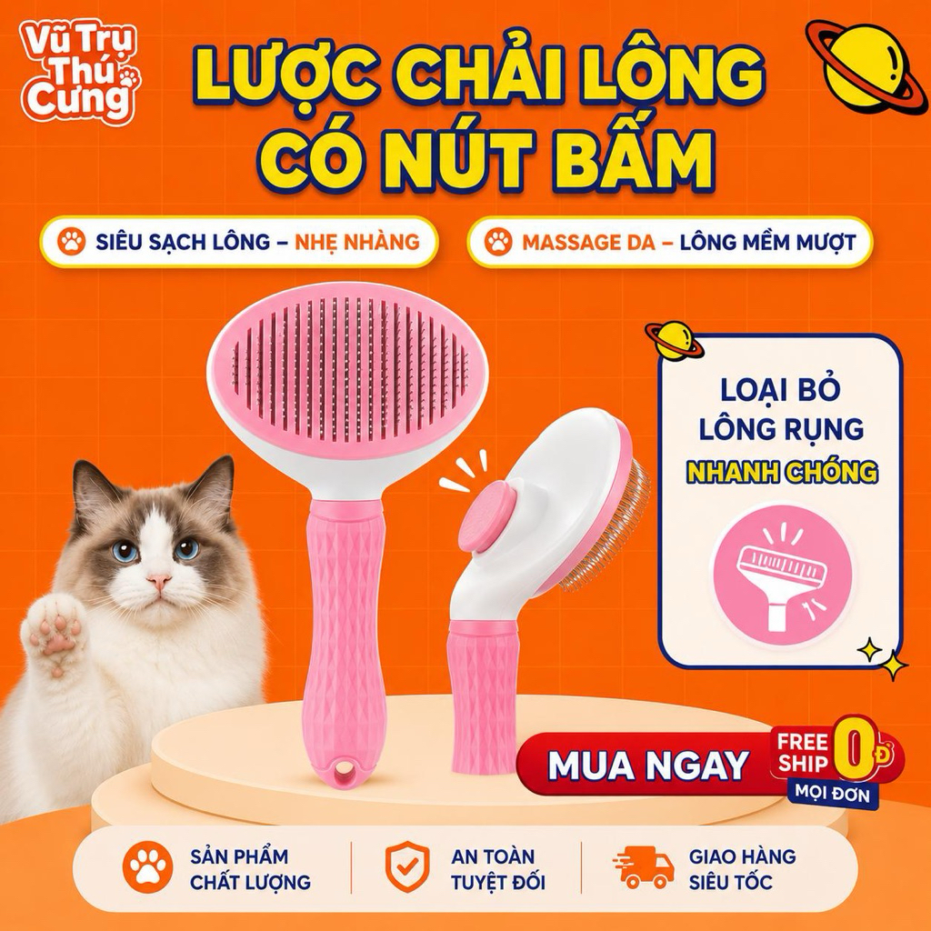 Lược chải lông chó mèo có nút bấm lấy lông tiện lợi, size lớn