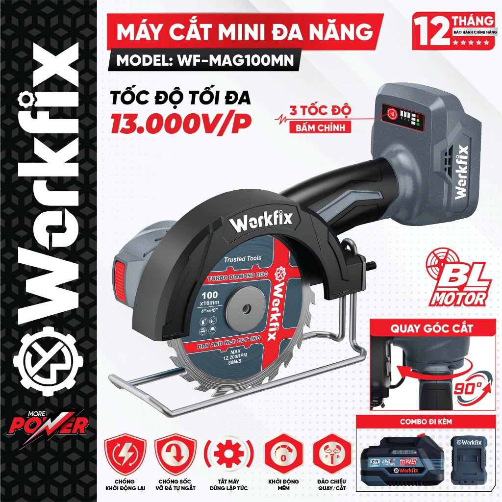 Máy cắt mini WORKFIX WF-MAG100MN, 3 Cấp chỉnh tốc độ 13000v/p, Không chổi than - Chân pin phổ thông