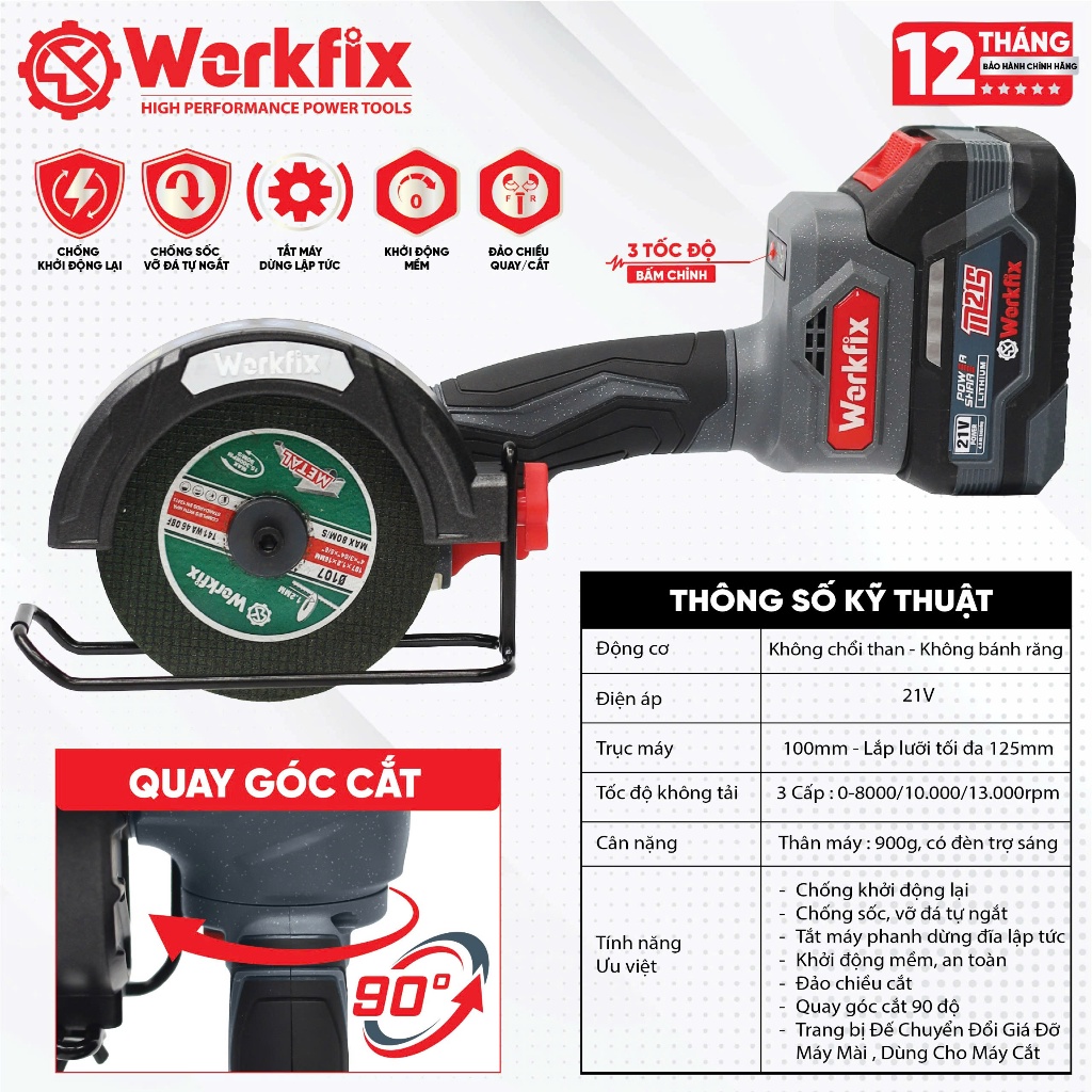 Máy cắt mini WORKFIX WF-MAG100MN, 3 Cấp chỉnh tốc độ 13000v/p, Không chổi than - Chân pin phổ thông