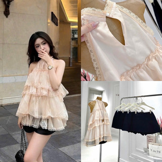 SEP House - Set tơn voan bèo tầng cổ yếm sát nách da cam phối quần short đen basic trẻ trung, dễ mặc - Ảnh thật