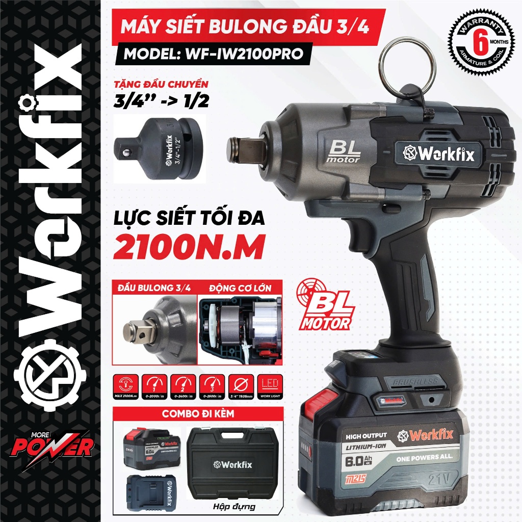 Máy Siết Bulong 2100N.m WORKFIX WF-IW2100PRO, Đầu 3/4 (Tặng đầu chuyển 1/2) - Mở Ốc Xe Tải