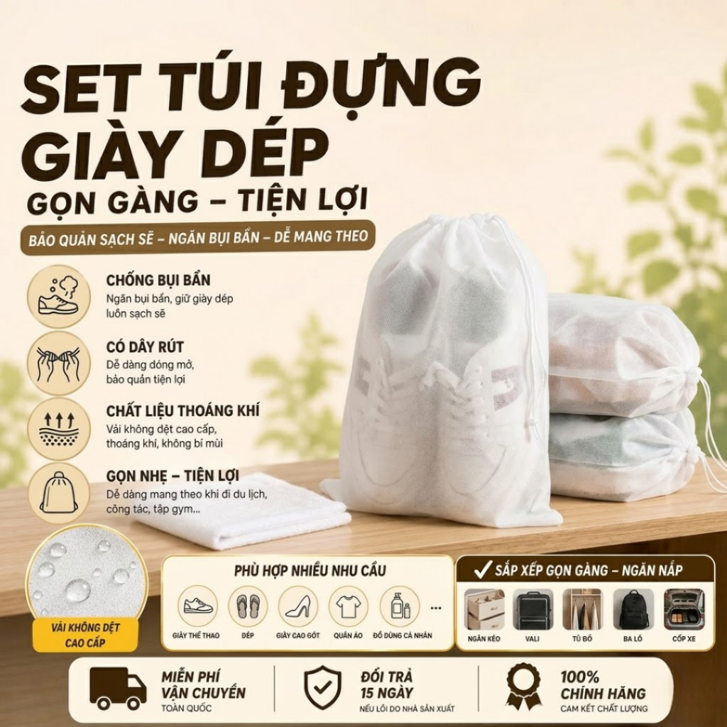 [Đơn 85k Nhận Quà] Combo 50 Túi Đựng Giày Dép Du Lịch Màu Trắng Có Dây Rút Tiện Lợi Chống Bụi Bẩn