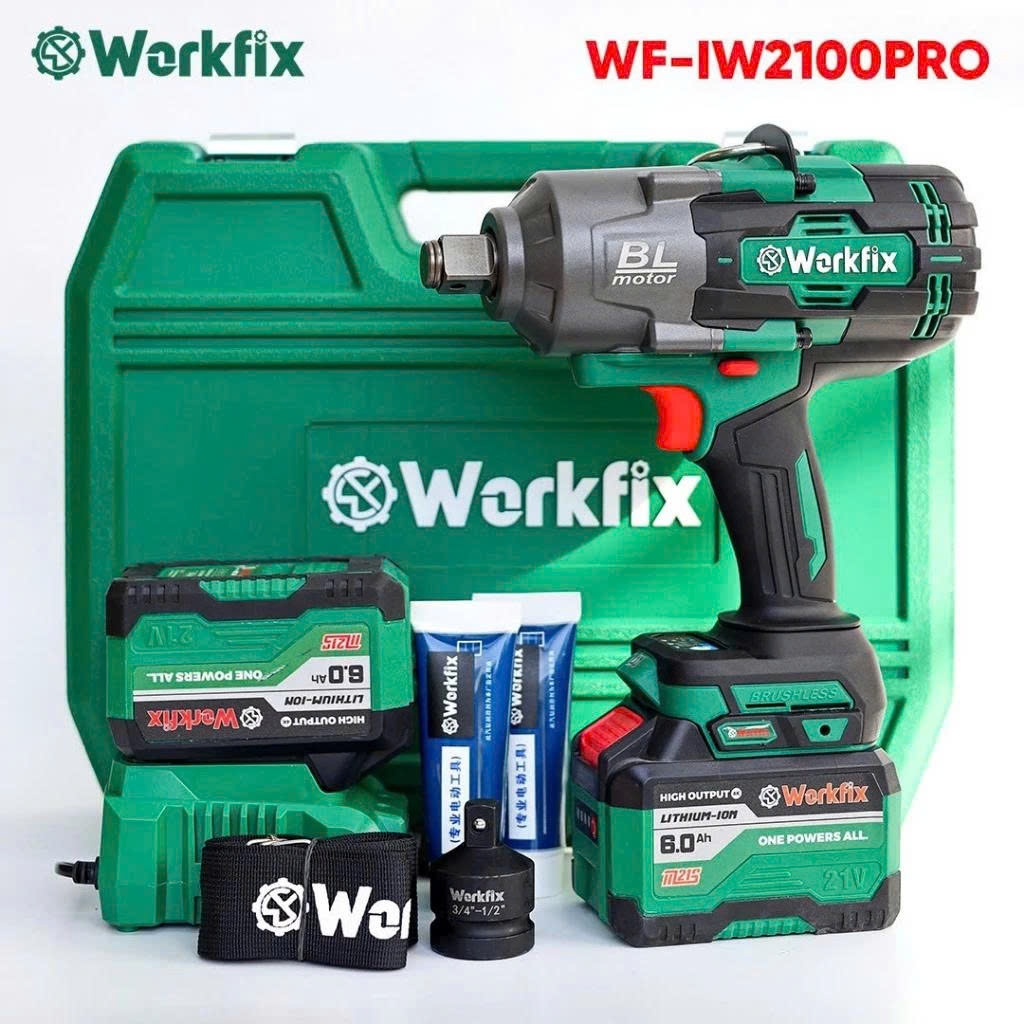 Máy Bắn Bulong WORKFIX WF-IW2100PRO, Không Chổi Than, Lực Siết 2100N.M Mở Vặn Ốc Xe Tải, Ô Tô