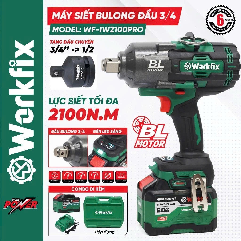 Máy Bắn Bulong WORKFIX WF-IW2100PRO, Không Chổi Than, Lực Siết 2100N.M Mở Vặn Ốc Xe Tải, Ô Tô