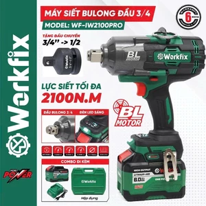 Máy Bắn Bulong WORKFIX WF-IW2100PRO, Không Chổi Than, Lực Siết 2100N.M Mở Vặn Ốc Xe Tải, Ô Tô