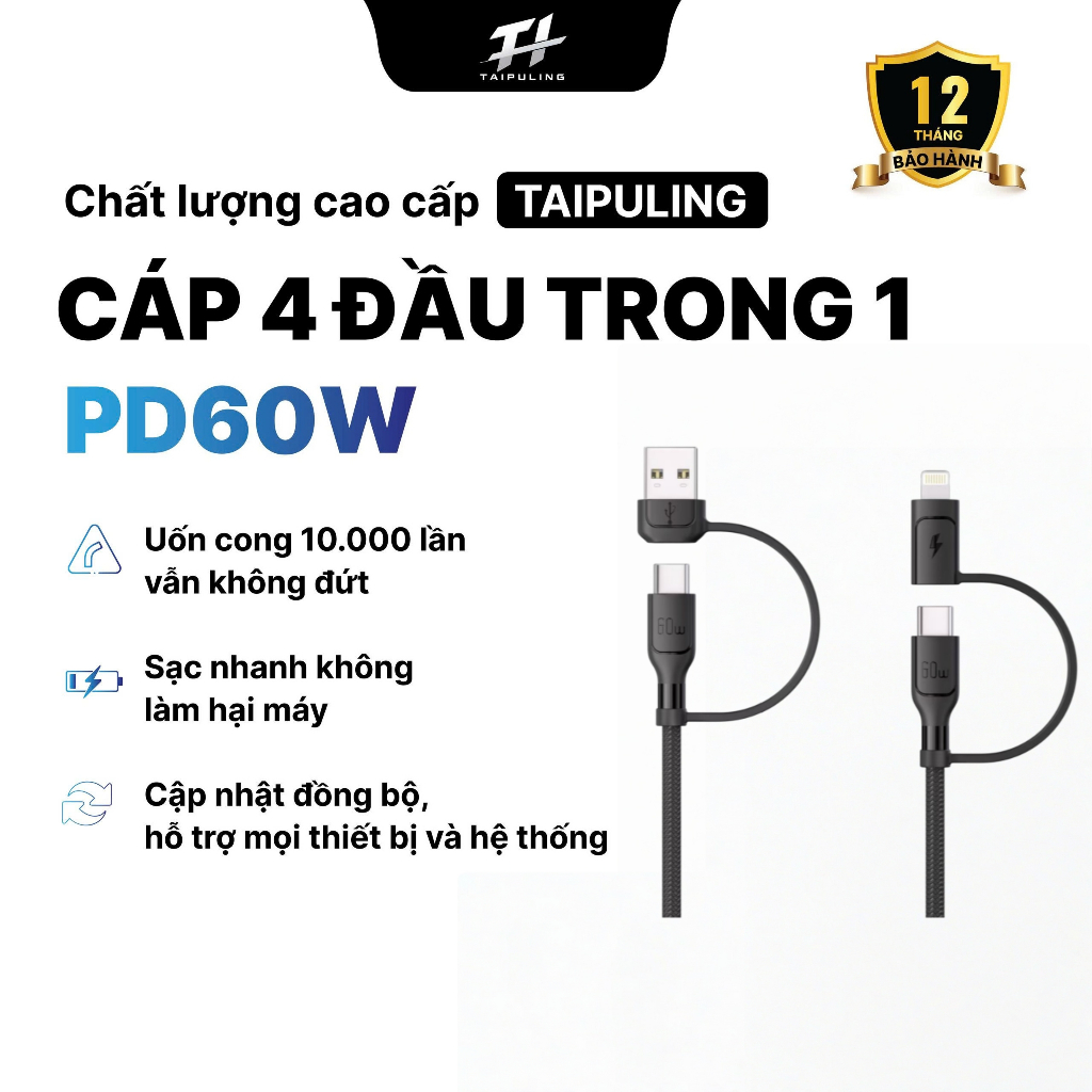 Cáp Sạc 4 Trong 1 PD60W Truyền Dữ Liệu Nhanh Chống Rối Siêu Bền Đầu Cắm Kim Loại Chất Lượng
