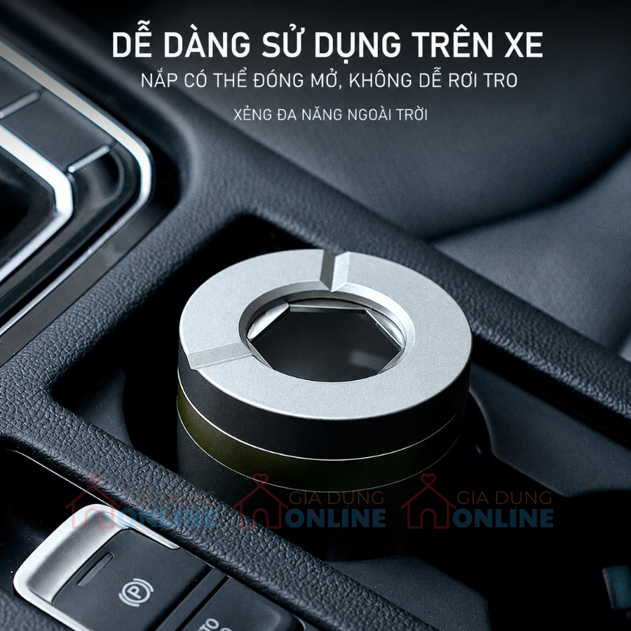 Gạt tàn nắp xoay cao cấp thiết kế sang trọng cho để bàn, xe ô tô... chống khói mùi, toàn thân bằng thép
