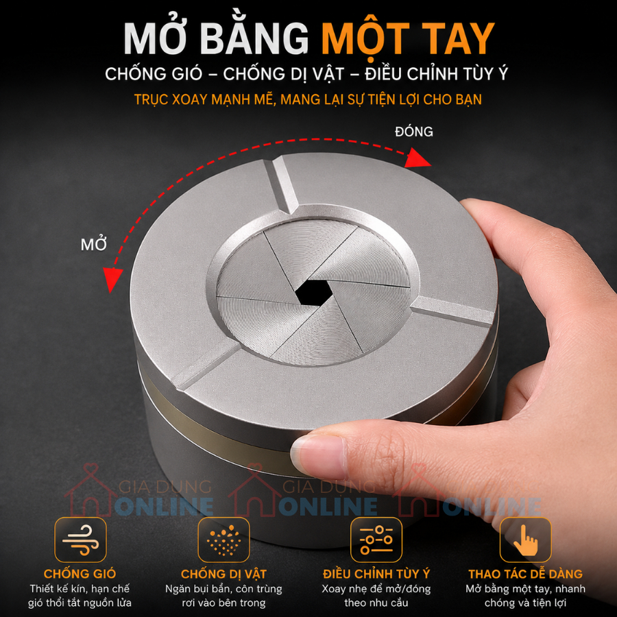 Gạt tàn nắp xoay cao cấp thiết kế sang trọng cho để bàn, xe ô tô... chống khói mùi, toàn thân bằng thép