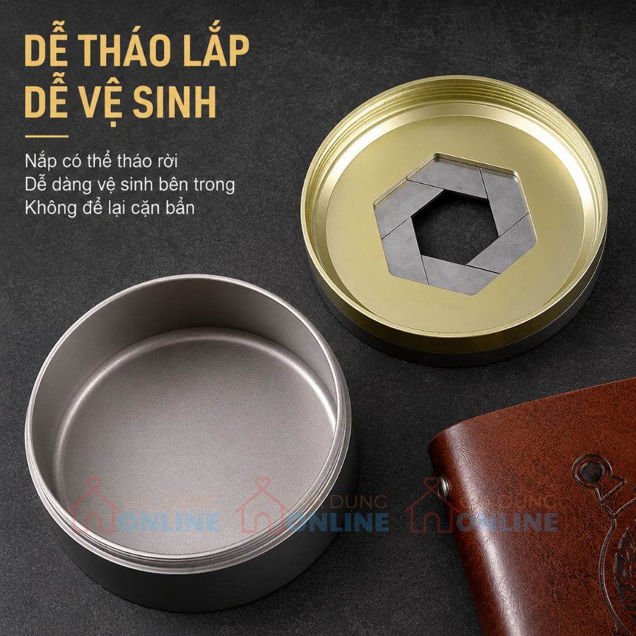 Gạt tàn nắp xoay cao cấp thiết kế sang trọng cho để bàn, xe ô tô... chống khói mùi, toàn thân bằng thép