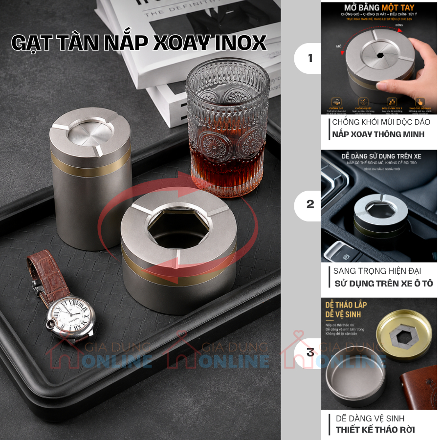 Gạt tàn nắp xoay cao cấp thiết kế sang trọng cho để bàn, xe ô tô... chống khói mùi, toàn thân bằng thép