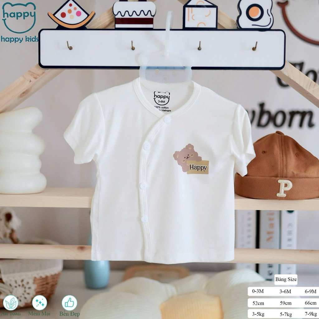 (HK 021) Combo 3-5 áo cộc trắng Happy Kids thun lạnh mềm, mát cho bé 3-9kg
