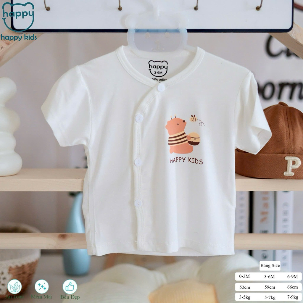 (HK 021) Combo 3-5 áo cộc trắng Happy Kids thun lạnh mềm, mát cho bé 3-9kg