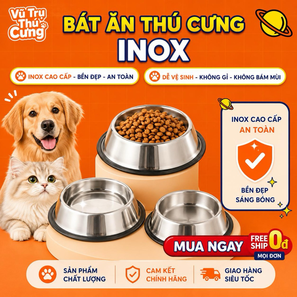 Bát ăn inox chống trượt cho Chó mèo Full size