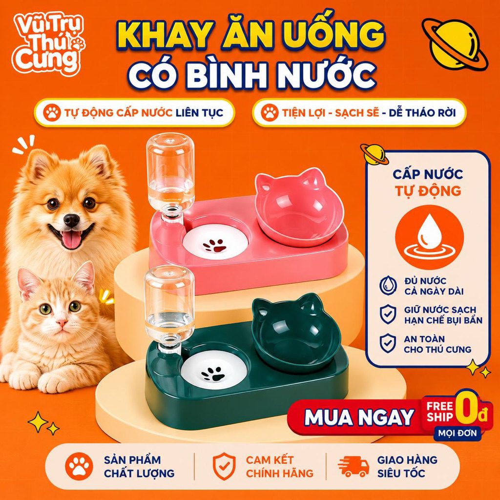 Bát Ăn Đôi Cho Thú Cưng Có Bình Nước Tự Động, Chống Gù Lưng