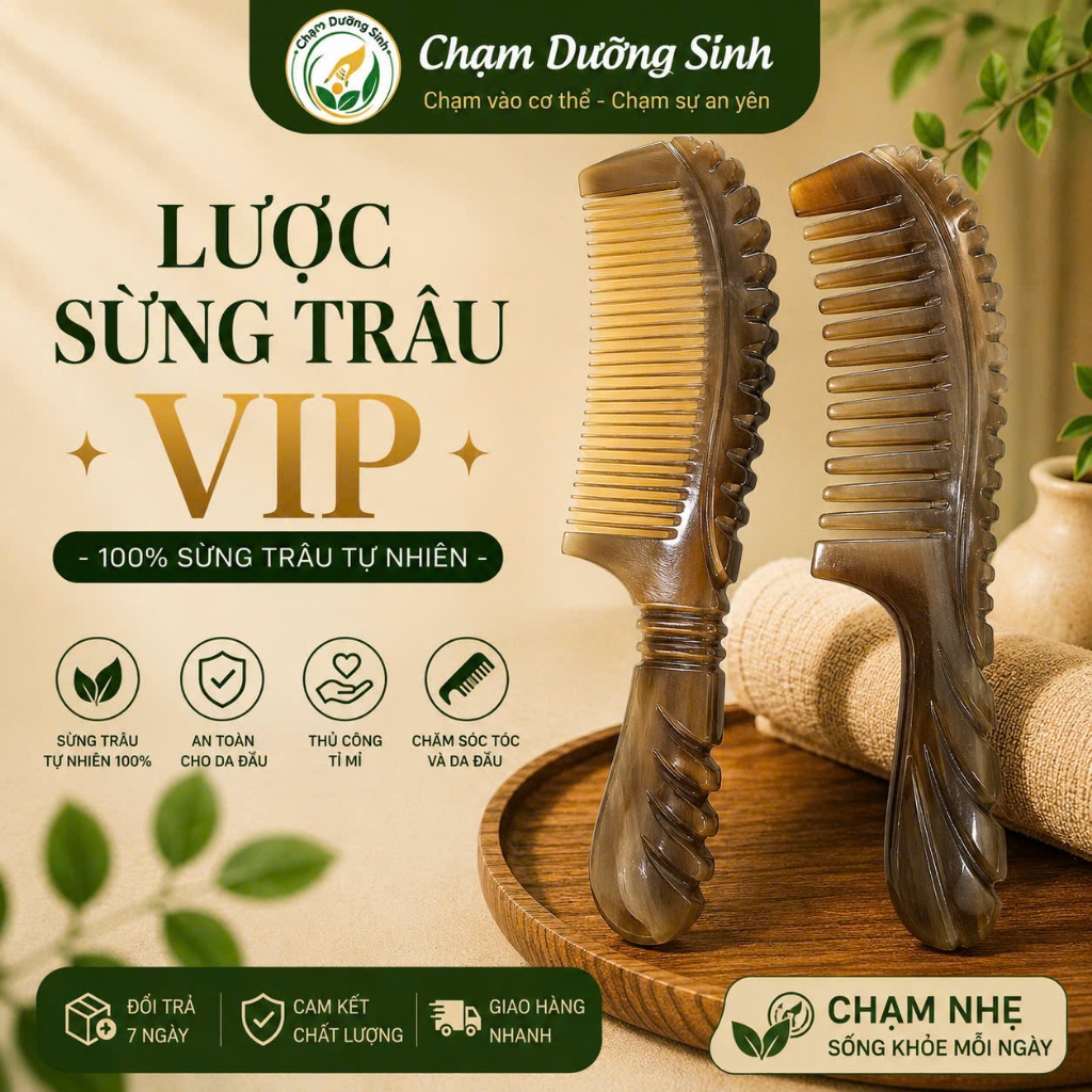 Lược Sừng Trâu Cao Cấp Dưỡng Sinh Đông Y Massage Da Đầu Giảm Stress