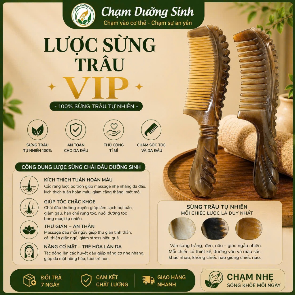 Lược Sừng Trâu Cao Cấp Dưỡng Sinh Đông Y Massage Da Đầu Giảm Stress