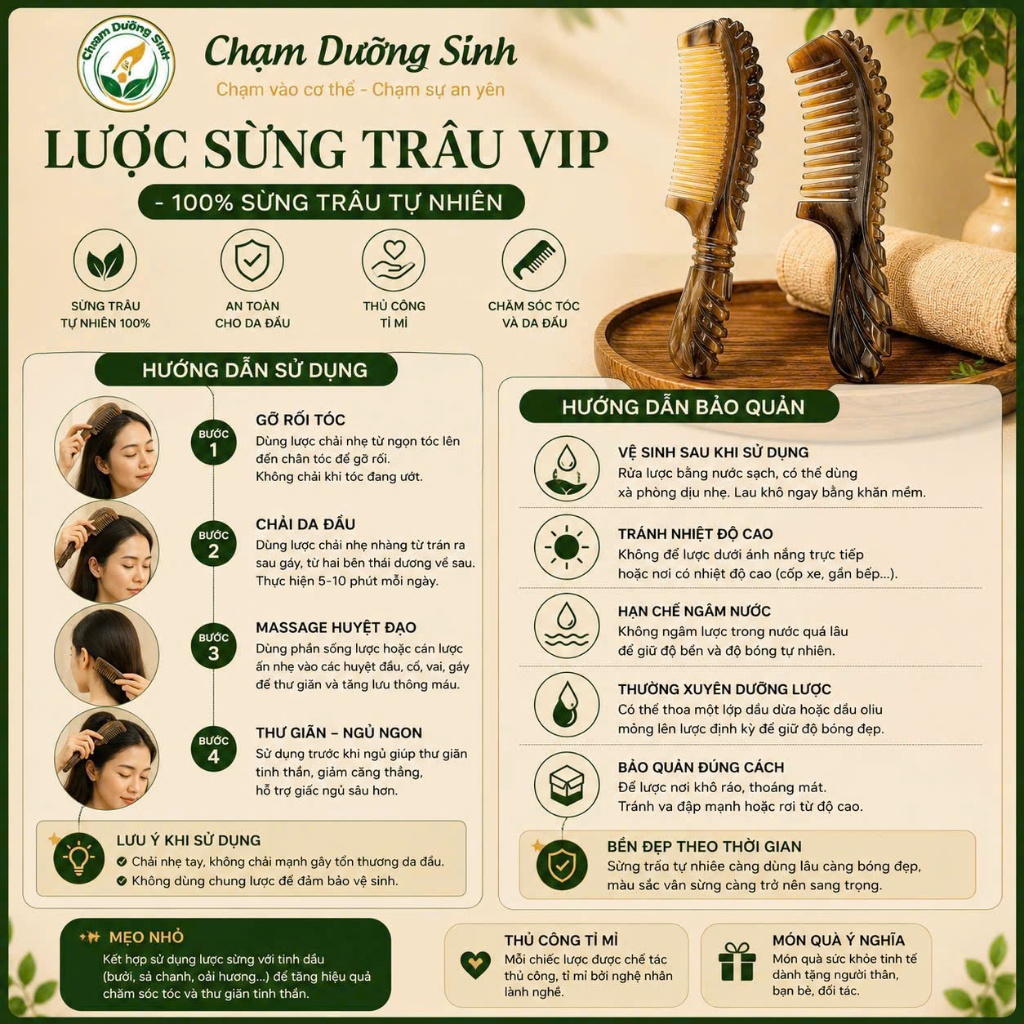 Lược Sừng Trâu Cao Cấp Dưỡng Sinh Đông Y Massage Da Đầu Giảm Stress