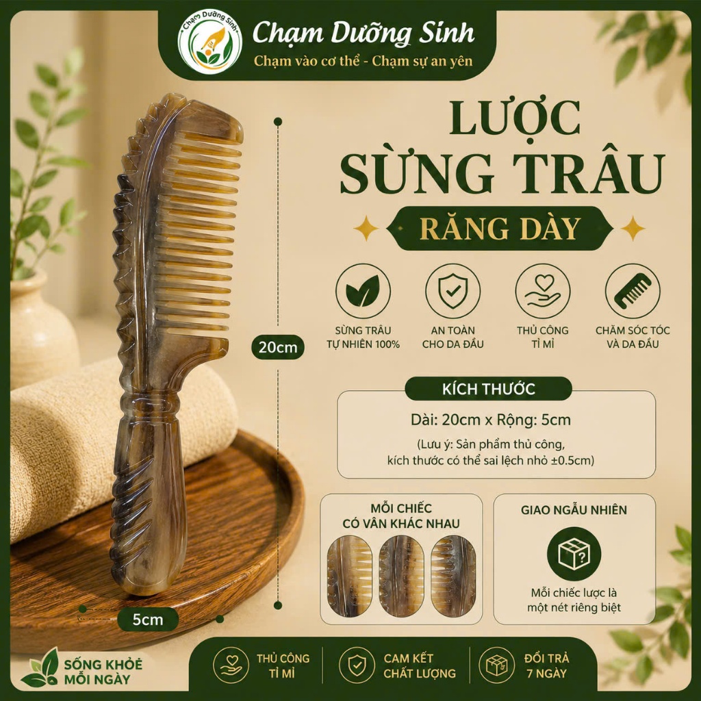 Lược Sừng Trâu Cao Cấp Dưỡng Sinh Đông Y Massage Da Đầu Giảm Stress