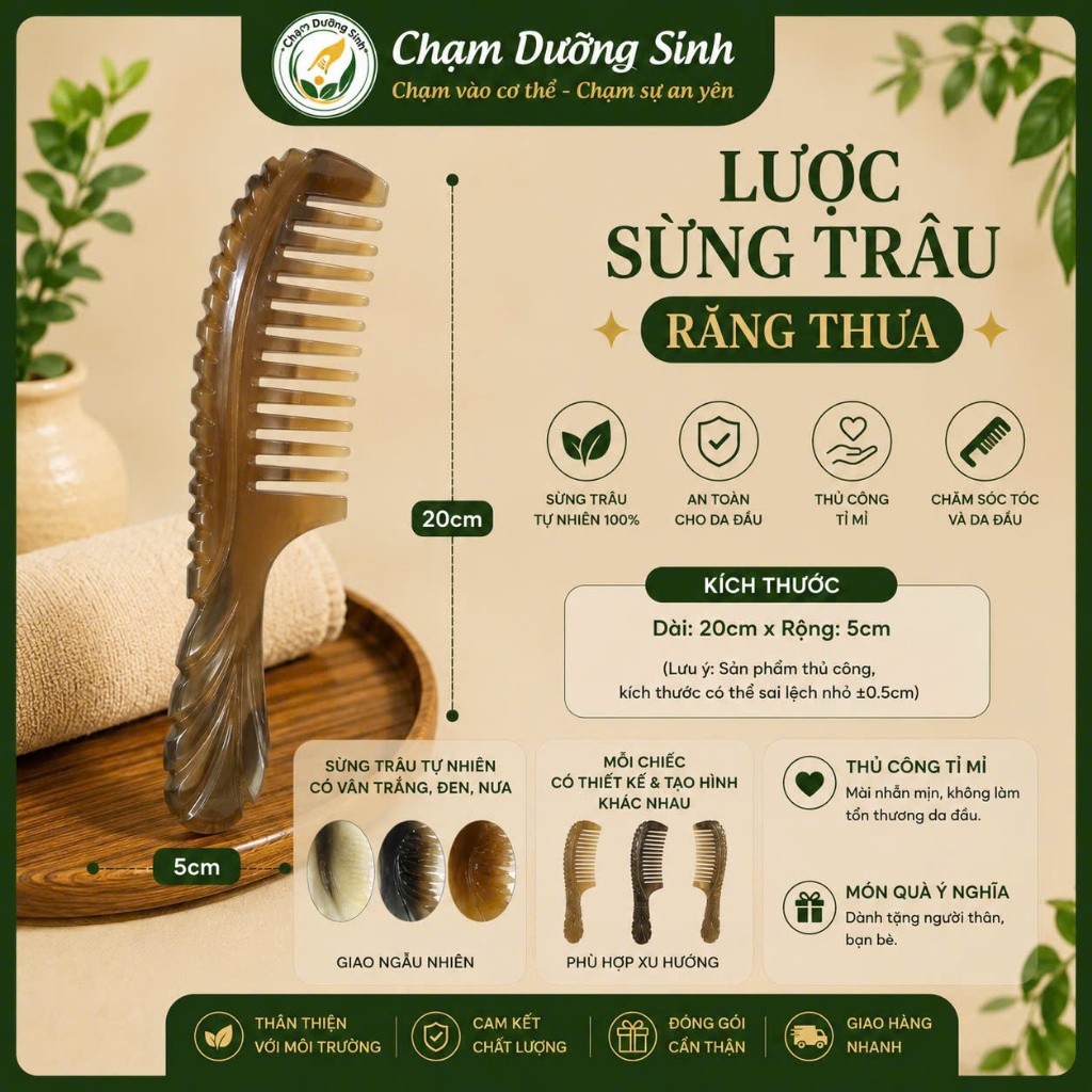Lược Sừng Trâu Cao Cấp Dưỡng Sinh Đông Y Massage Da Đầu Giảm Stress