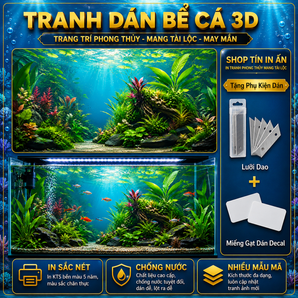 Decal tranh dán hồ cá 3D Kho In Ấn HC58 chống nước, In KTS dán dễ, gỡ dễ, có keo sẵn, nhiều kích cỡ