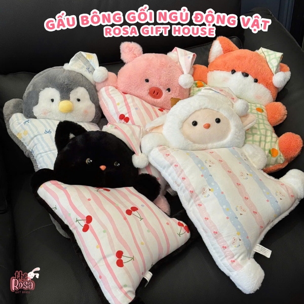 Gấu Bông Gối Ngủ Động Vật Siêu Mềm – Mèo Đen Heo Hồng Cừu Cáo Chim Cánh Cụt Gối Ôm Decor Quà Tặng Dễ Thương