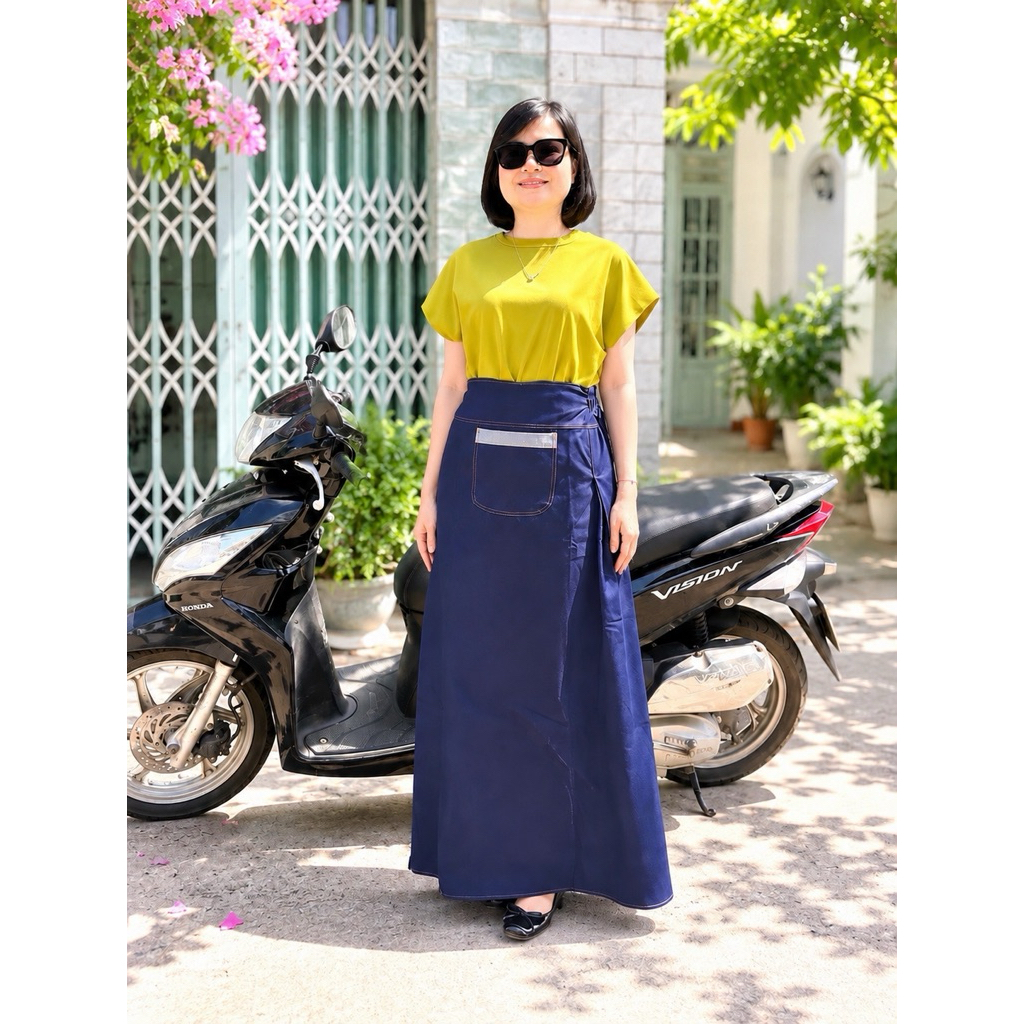 Váy Chống Nắng Jean Co Giãn Freesize Dài 98cm Phủ Chân, Nút Bấm + Miếng Dán Cho Nữ
