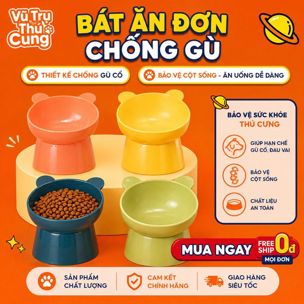 Bát ăn cho chó mèo chống gù lưng, họa tiết tai gấu màu pastel