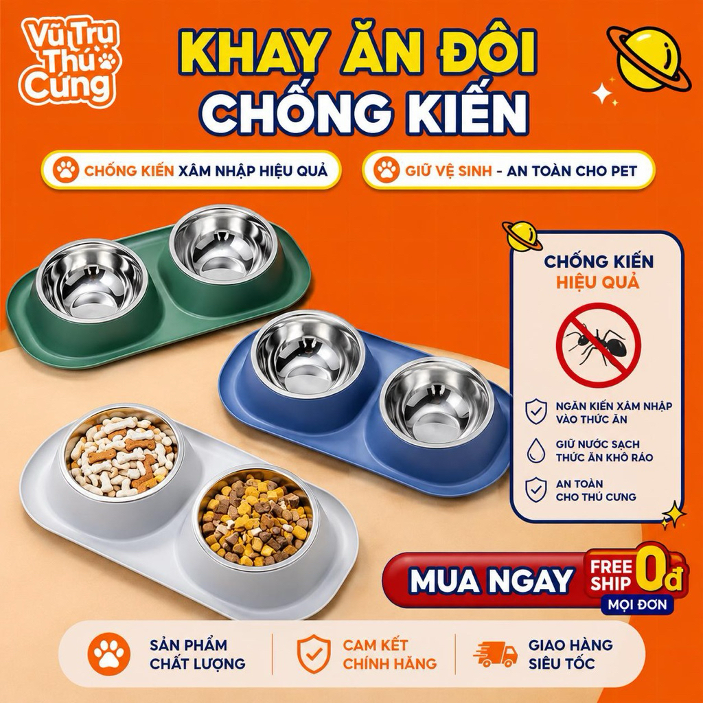Bát Ăn Cho Chó Mèo Chống Kiến Kèm 2 Chén Inox