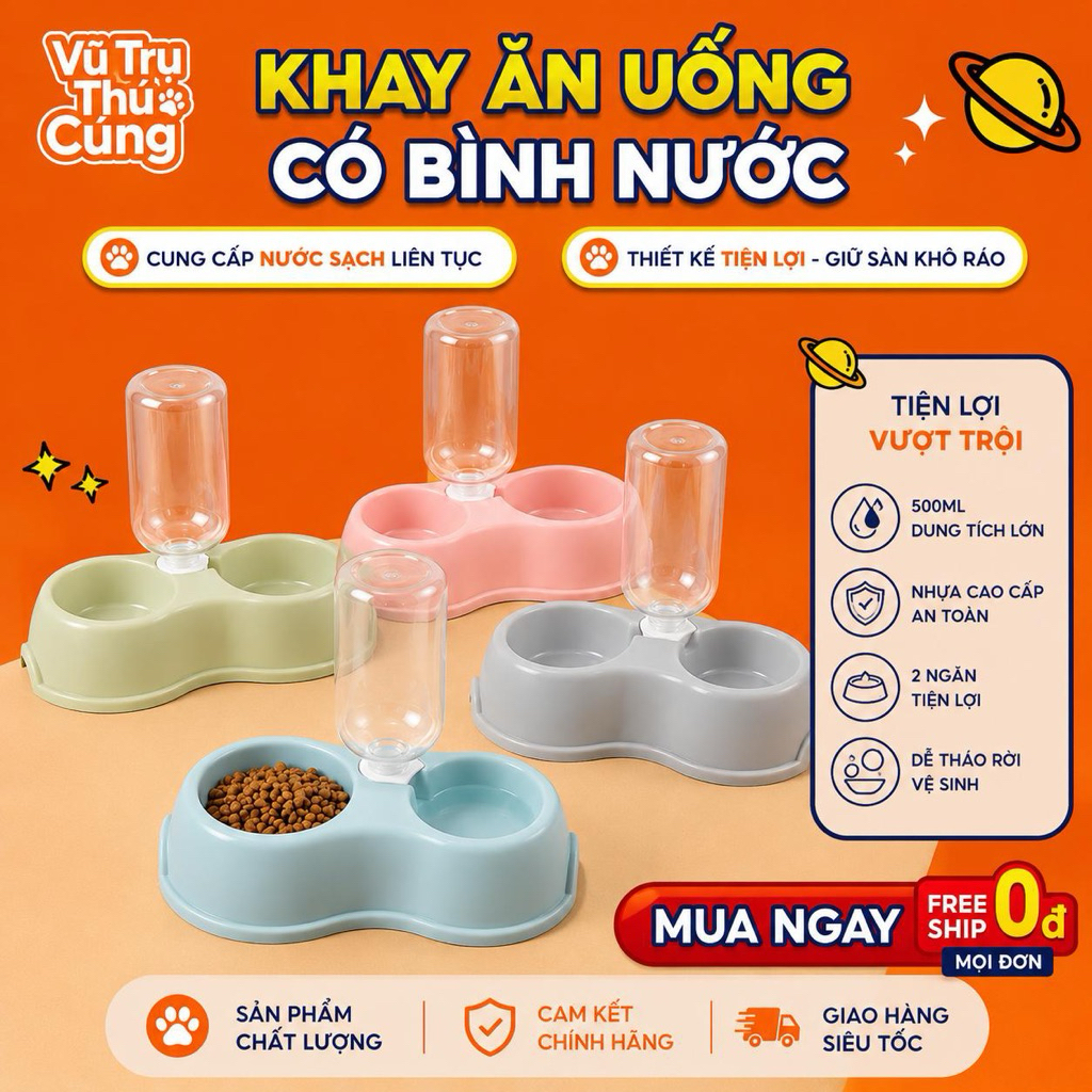 Bát ăn đôi cho Chó Mèo kèm bình nước tự động 500ml