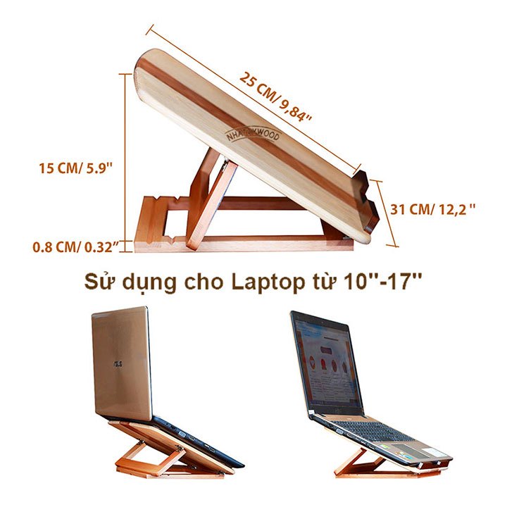 Giá Đỡ Laptop Macbook Gấp Gọn, Kệ Nâng Kê Laptop Để Bàn Làm Việc Bằng Gỗ NHATVYWOOD NVLP05