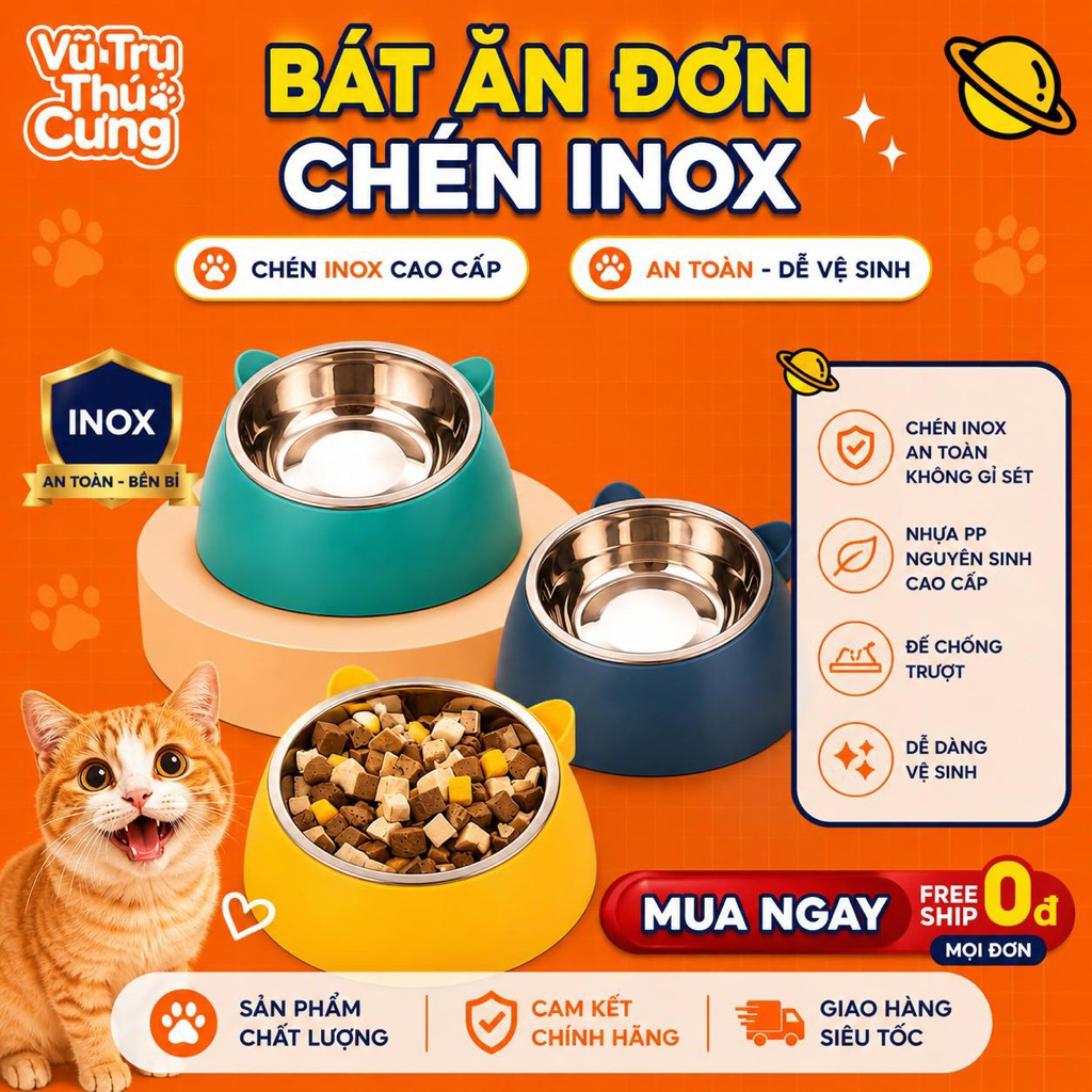 Bát Ăn Đơn Cho Thú Cưng Chất Liệu Inox Sạch Sẽ, Tiện Lợi
