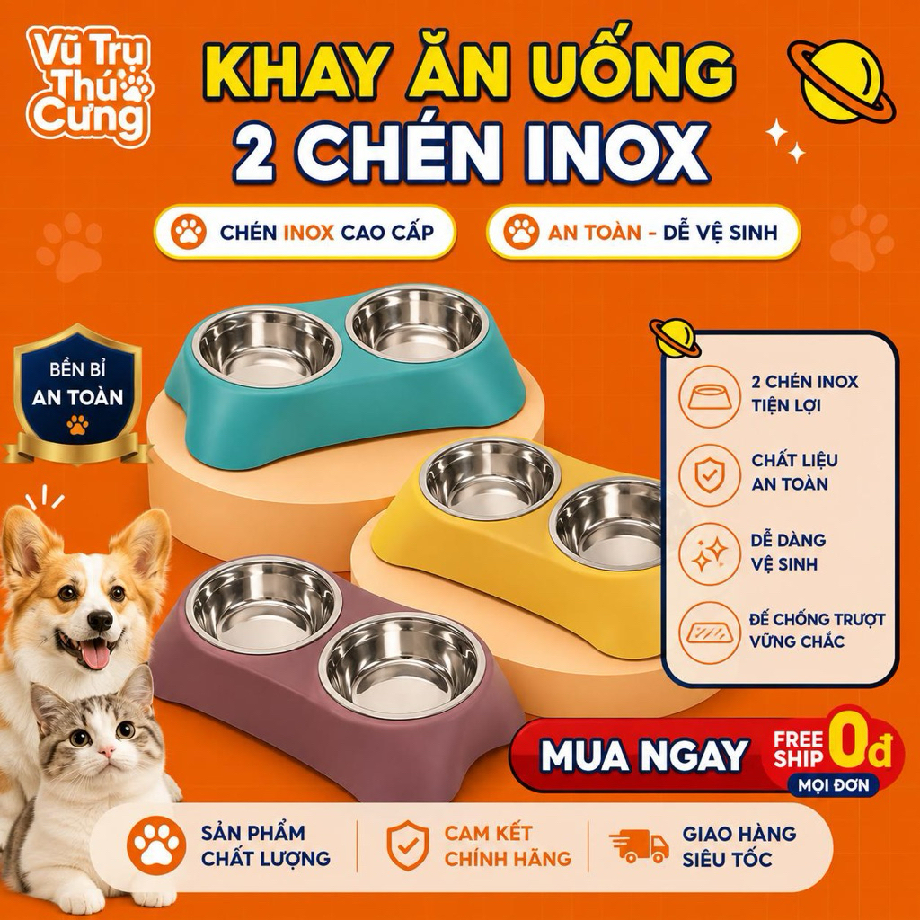 Khay Đựng Thức Ăn Cho Chó Mèo Kèm 2 Bát Inox Dễ Dàng Vệ Sinh