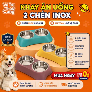 Khay Đựng Thức Ăn Cho Chó Mèo Kèm 2 Bát Inox Dễ Dàng Vệ Sinh