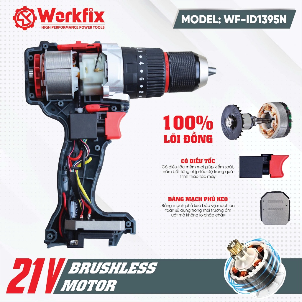 Máy Khoan 3 Chức Năng WORKFIX WF-ID1395N, Lực Siết 95Nm, Đầu 13mm có Autolock Khóa Trục, Không Than