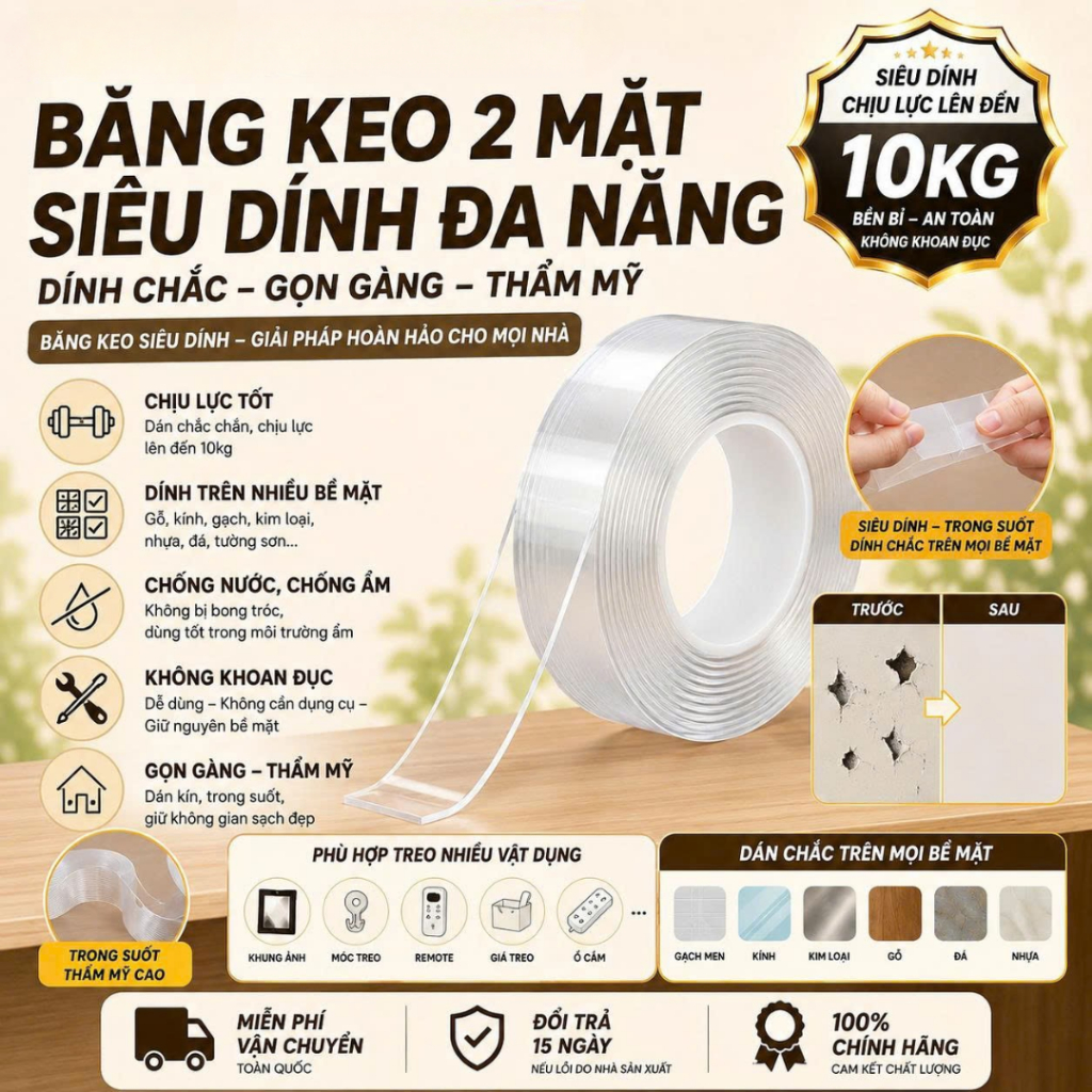 [Mua 2 Tặng 1] Băng Keo 2 Mặt NANO Trong Suốt Dán Tường Đa Năng Trên Mọi Bề Mặt Dài 3m 5m