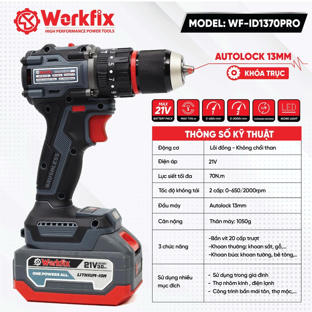 Máy khoan pin WORKFIX WF-ID1370PRO Lực Siết 70N.M - Máy khoan 3 Chức Năng - Đầu kẹp 13mm