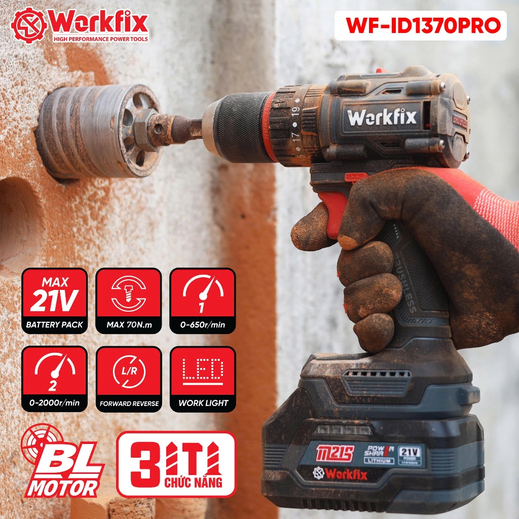 Máy khoan pin WORKFIX WF-ID1370PRO Lực Siết 70N.M - Máy khoan 3 Chức Năng - Đầu kẹp 13mm