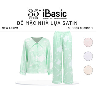 Bộ mặc nhà nữ Summer Blossom iBasic pyjama lụa satin áo tay nhún dài, quần dài HOMW076