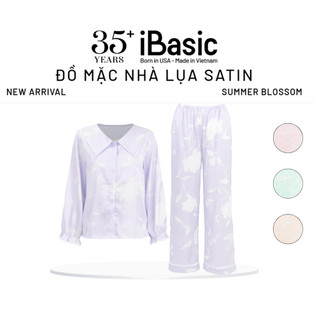Bộ mặc nhà nữ Summer Blossom iBasic pyjama lụa satin áo tay nhún dài, quần dài HOMW076