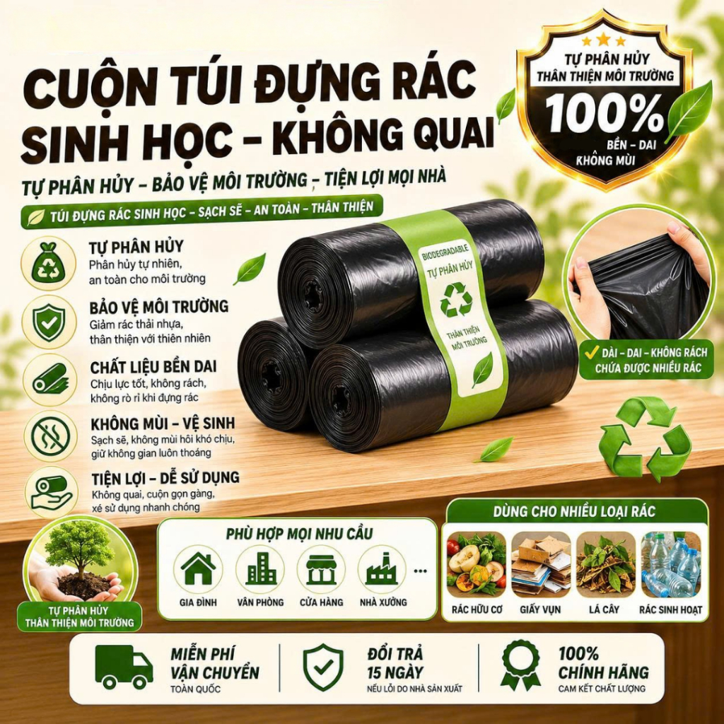 [Đơn 85k Nhận Quà] Bịch 3 Cuộn Túi Đựng Rác Chất Liệu Nilon Tự Hủy Sinh Học Tiện Dụng Và Tiết Kiệm 55x65cm