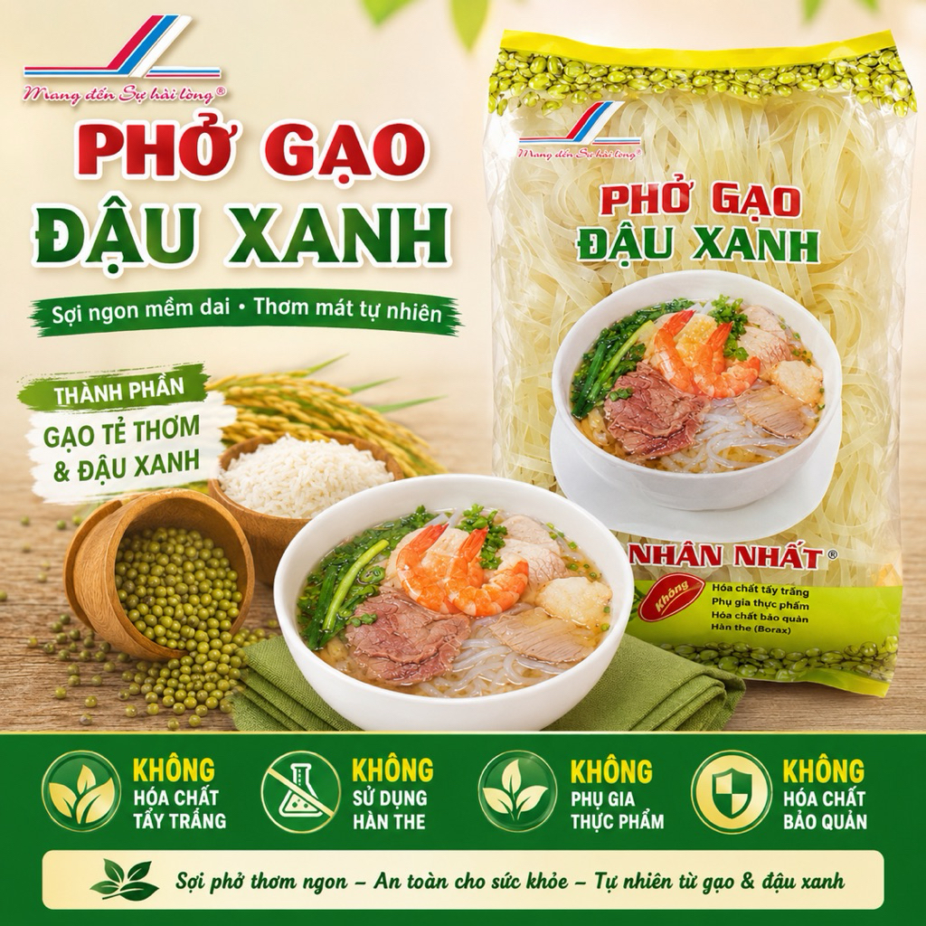 PHỞ GẠO ĐẬU XANH NHÂN NHẤT - Phở tươi sấy khô ăn liền gói 350G, sợi dai ngon thơm mát, không phụ gia